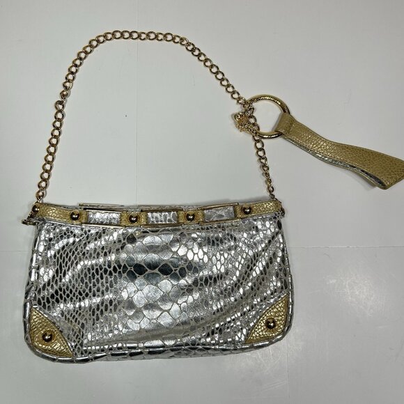 MICHELLE MONROE Croc Embossed Silver Gold Convertible Clutch Bag Key Chain Flaw - Picture 6 of 10